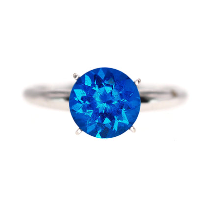 Vintage 1970s Bright Blue Lab Created Spinel and 10K White Plated Solitaire Ring Size 7.25