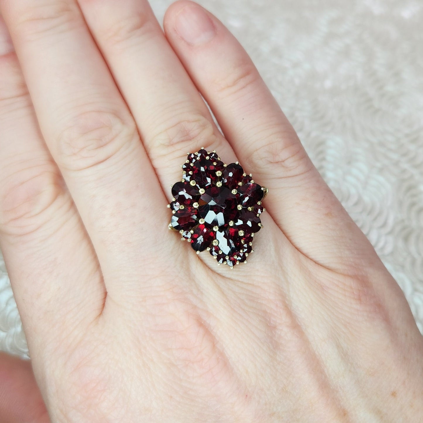 Vintage 1970s Bohemian Garnet and Gold Washed 900 Silver Cluster Ring Size 6.75 - 90s Large Red Garnet Statement Ring - Red Gemstone Ring