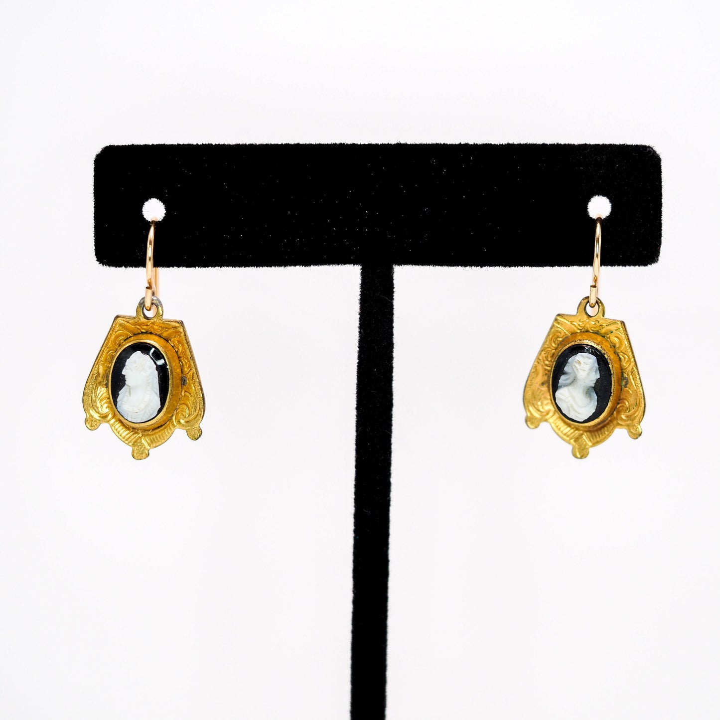 Antique 1870s Mid Victorian Onyx Cameo and Rolled Gold Earrings - Black Onyx Yellow Rolled Gold Dangle Pierced Mourning Earrings