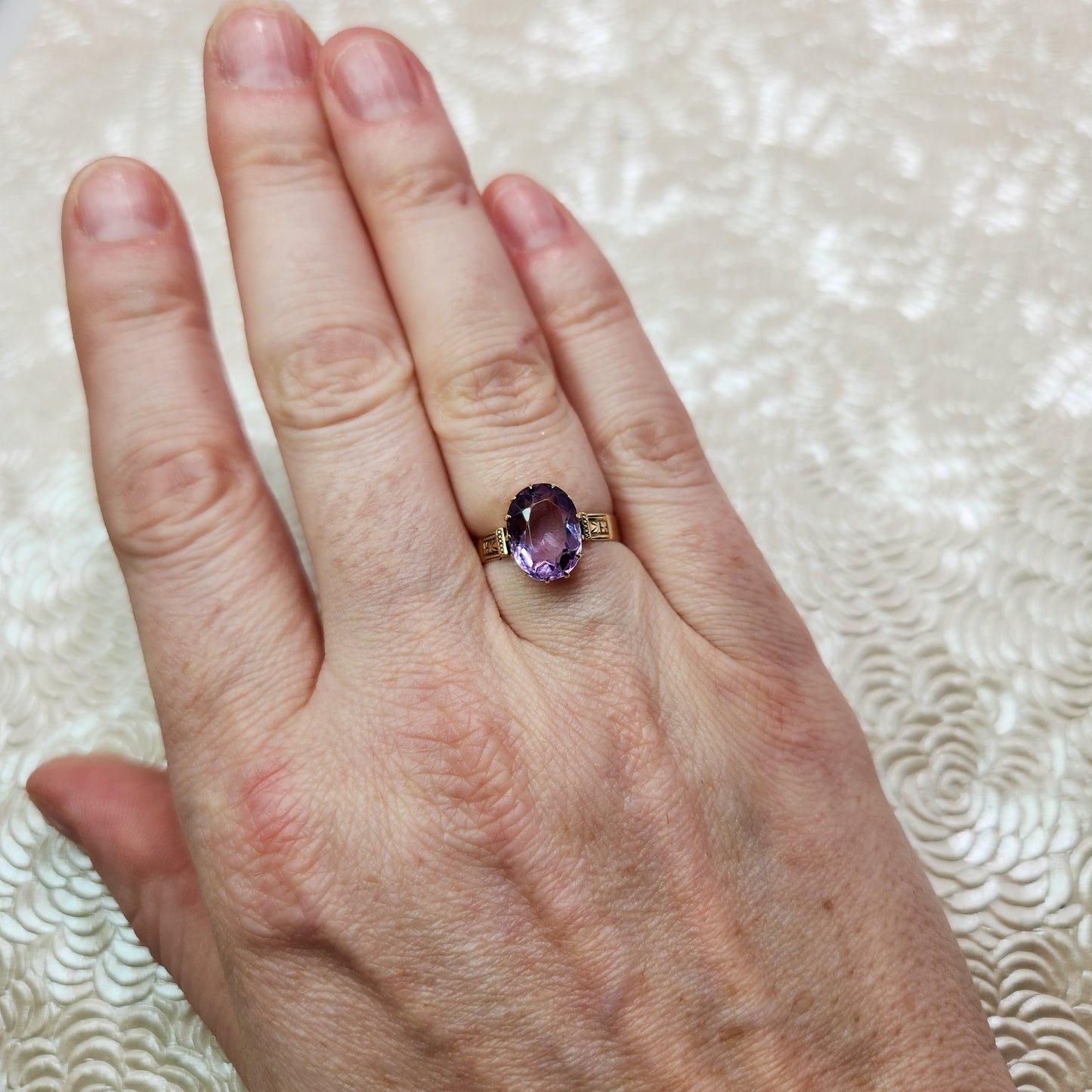 Antique Late Victorian Amethyst 10K Ring - 1880s Oval Cut Amethyst and Rose Gold Etched Solitaire Ring Size 7 - Victorian Purple Gem Ring