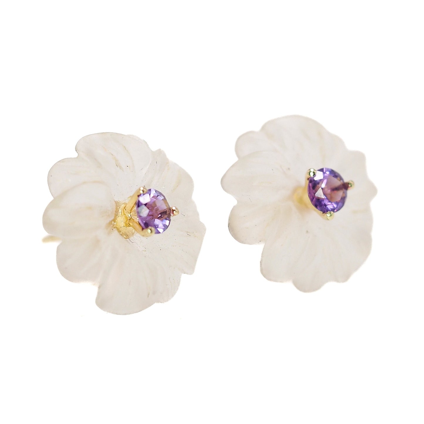 Vintage 1960s Rock Crystal, Round Cut Amethyst, and 14K Yellow Gold Carved Flower Stud Earrings - 60s Amethyst, Crystal Floral Earrings