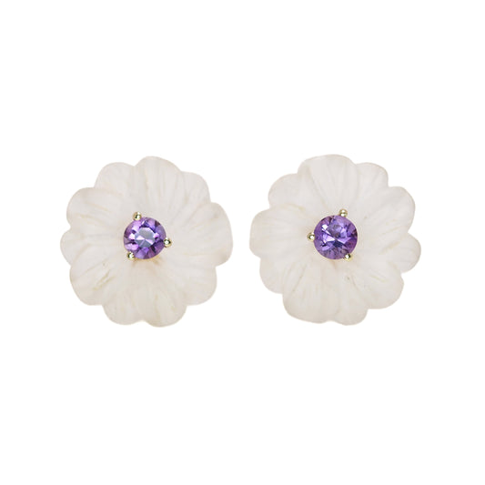 Vintage 1960s Rock Crystal, Round Cut Amethyst, and 14K Yellow Gold Carved Flower Stud Earrings - 60s Amethyst, Crystal Floral Earrings