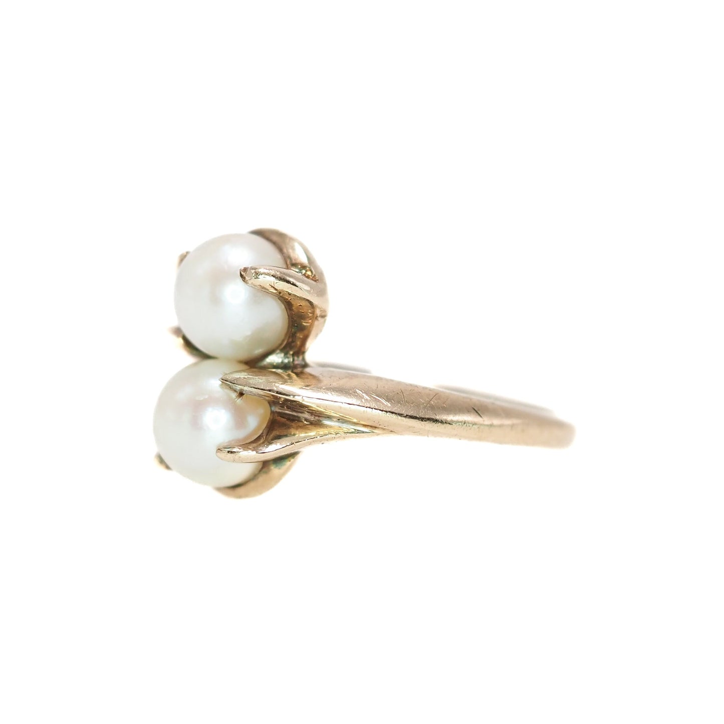 Vintage 1930s Bypass Toi et Moi Cultured Pearl and 10K Yellow Gold Ring Size 5.5 - 30s White Pearl, Gold Two Stone Ring