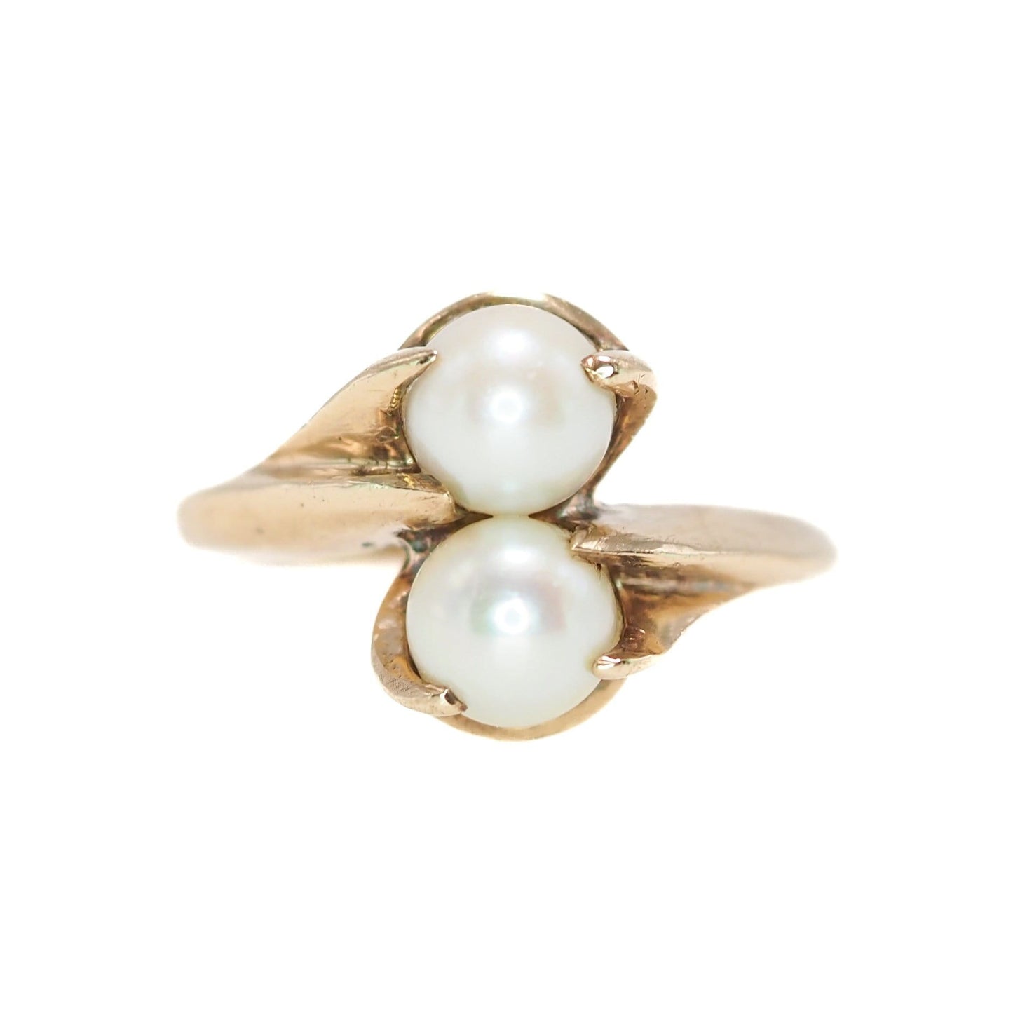 Vintage 1930s Bypass Toi et Moi Cultured Pearl and 10K Yellow Gold Ring Size 5.5 - 30s White Pearl, Gold Two Stone Ring