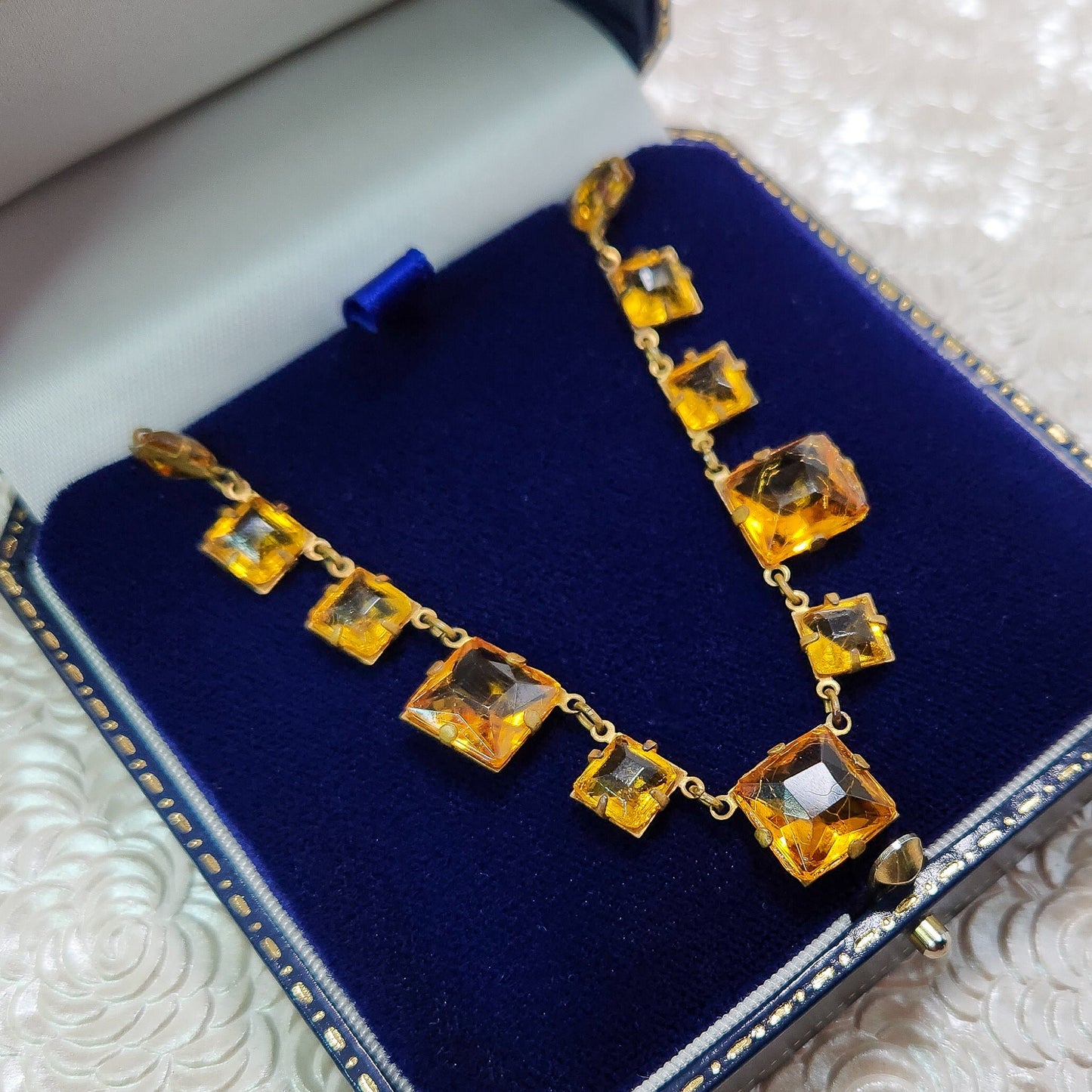 Vintage 1930s Long Yellow Orange Glass Necklace - Deco Yellowish Orange Glass and Brass Rivere 24.5" Necklace - Art Deco Glass Necklace