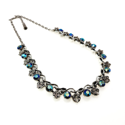 Vintage Rhinestone Choker Necklace - 1960s Aurora Borealis Blue and Silver Plate Choker - Fleur de Leis 17.5" Necklace