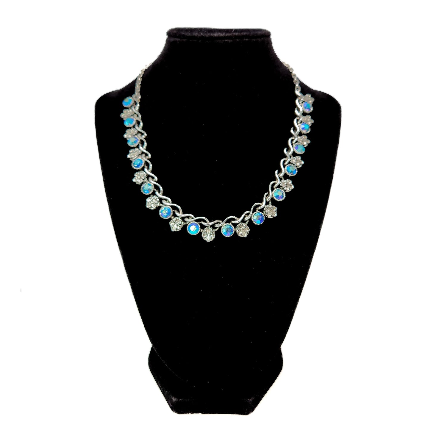 Vintage Rhinestone Choker Necklace - 1960s Aurora Borealis Blue and Silver Plate Choker - Fleur de Leis 17.5" Necklace