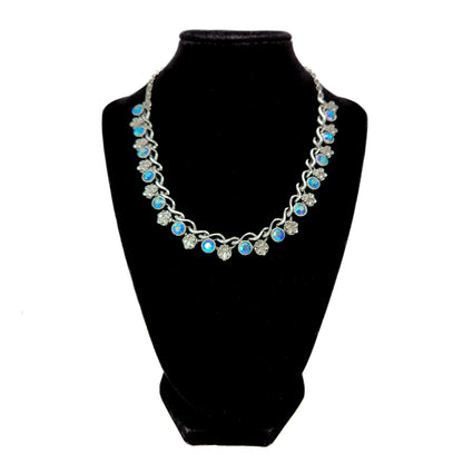 Vintage 1960s Aurora Borealis Blue and Silver Plate Fleur de Leis Choker 17.5" Necklace