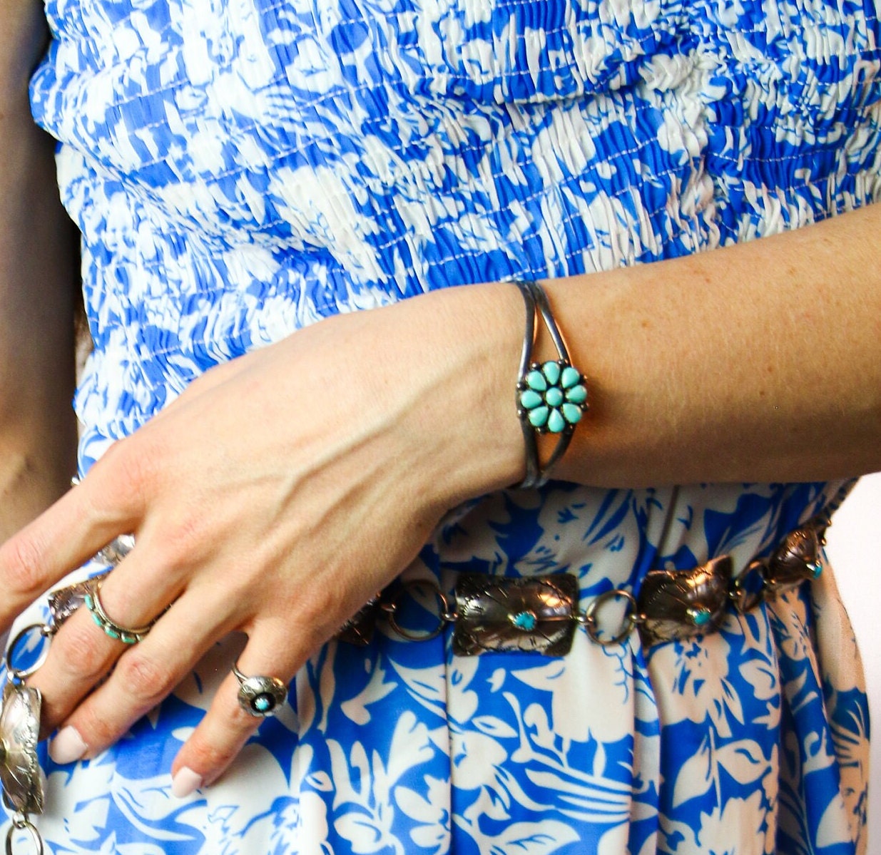 Vintage 1970s Imitation Turquoise and Sterling Petit Point Cuff - 70s Blue Imitation Turquoise Silver Southwestern 7" Bracelet