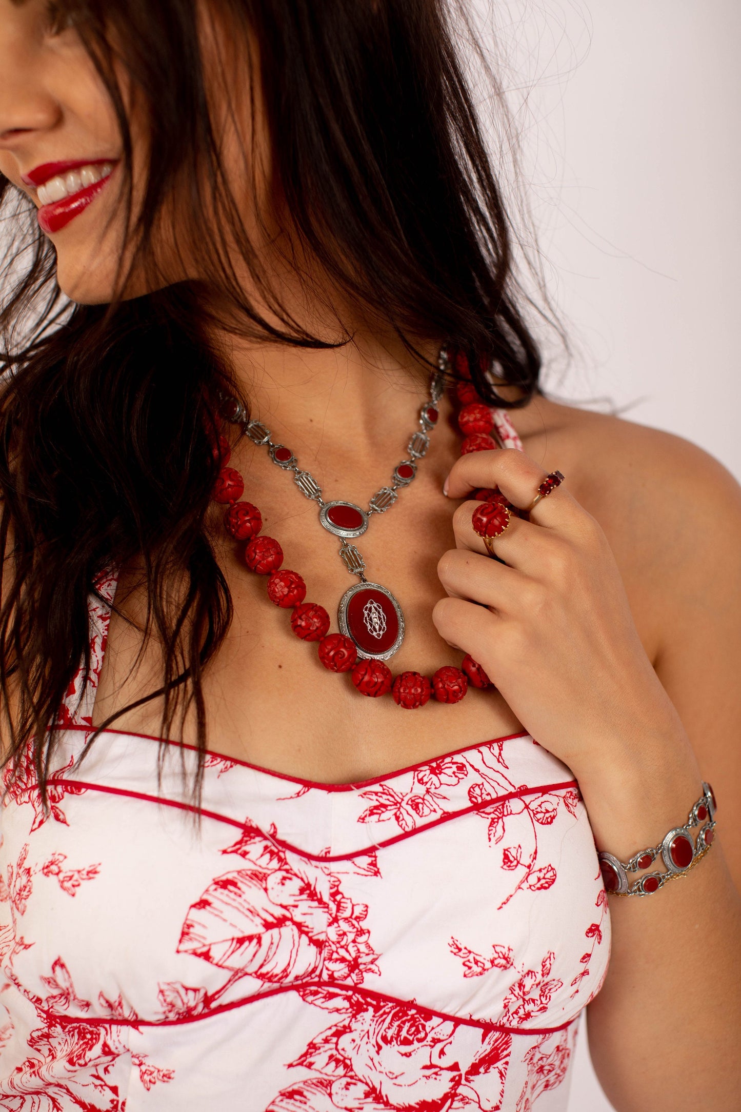 Antique 1920s Art Deco Brownish Red Glass, Marcasite, and Silver Plate Bracelet and Necklace Set - 20s Deco Red, Marcasite Jewelry Set