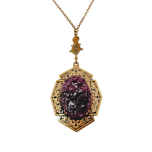 Vintage 1930s Purple Molded Glass Necklace - Victorian Revival Brass and Glass Pendant 17" Choker Locket - Black Enamel Vintage Necklace