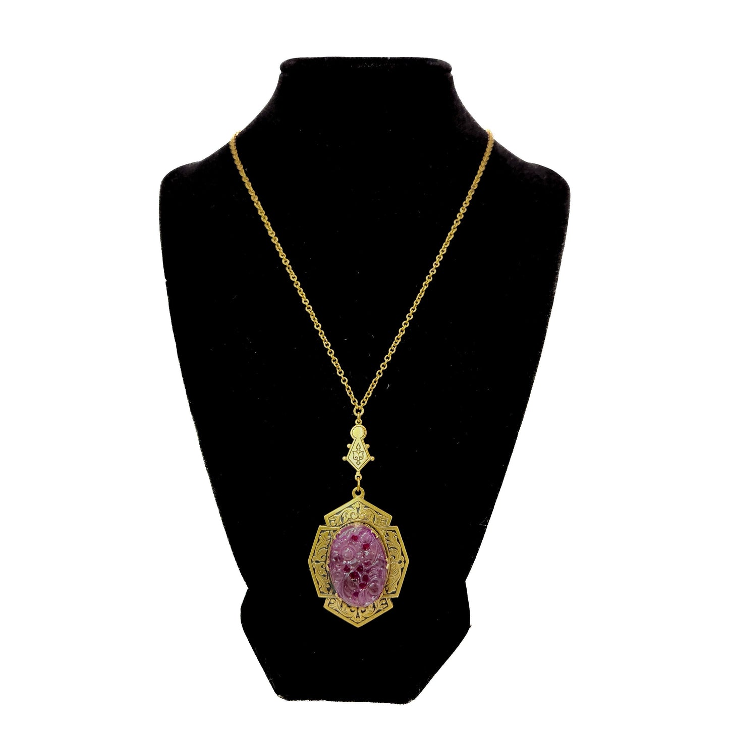 Vintage 1930s Purple Molded Glass Necklace - Victorian Revival Brass and Glass Pendant 17" Choker Locket - Black Enamel Vintage Necklace