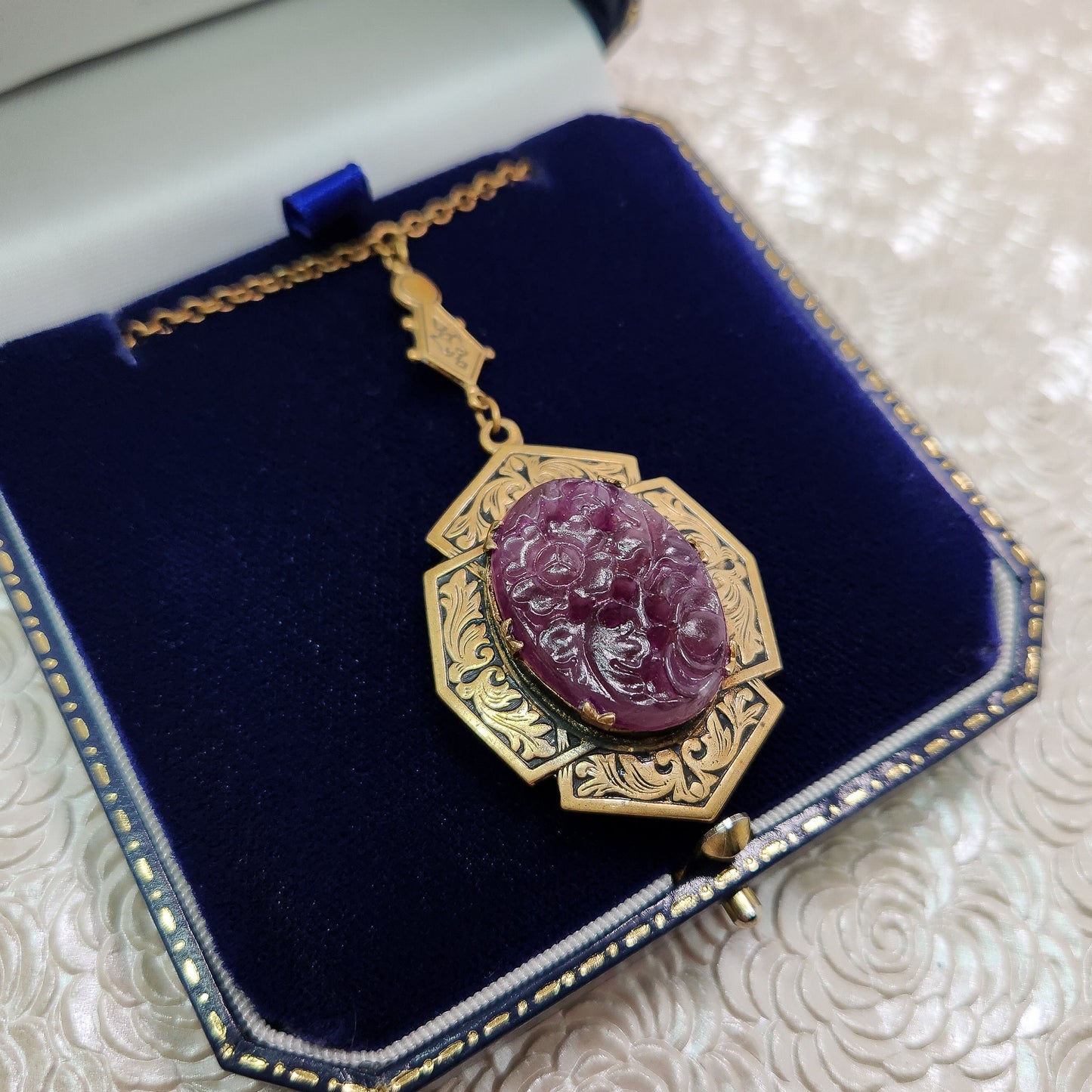 Vintage 1930s Purple Molded Glass Necklace - Victorian Revival Brass and Glass Pendant 17" Choker Locket - Black Enamel Vintage Necklace