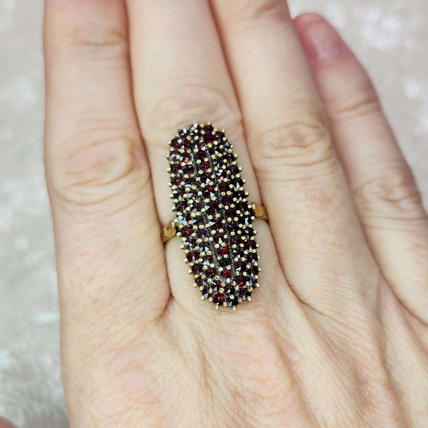 Vintage 1960s Garnet Ring - GRANAT TURNOV Bohemian Garnet Gold Washed Ring - Red Gems 900 Silver Large Statement Cluster Ring Size 8.5