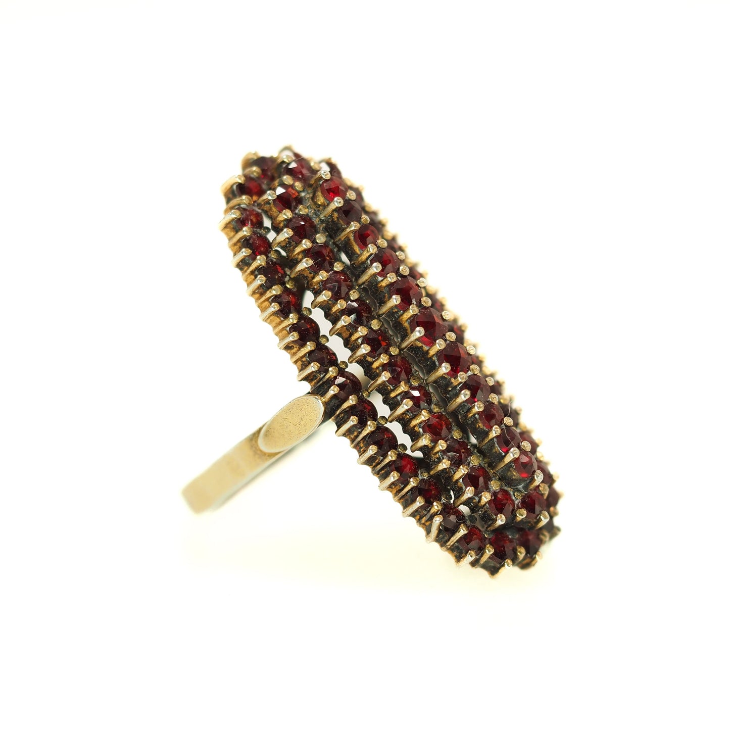 Vintage 1960s Garnet Ring - GRANAT TURNOV Bohemian Garnet Gold Washed Ring - Red Gems 900 Silver Large Statement Cluster Ring Size 8.5