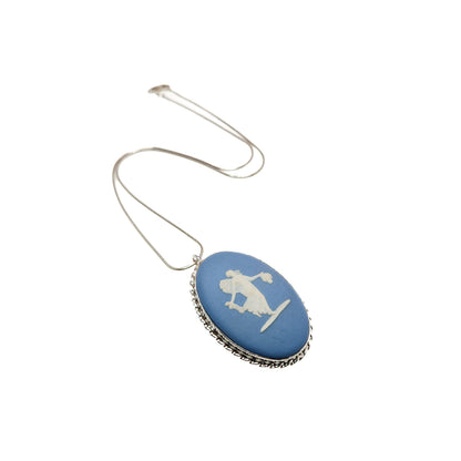 Vintage 1970s WEDGWOOD Jasperware Sterling Silver Blue Ceramic Choker Necklace and Brooch