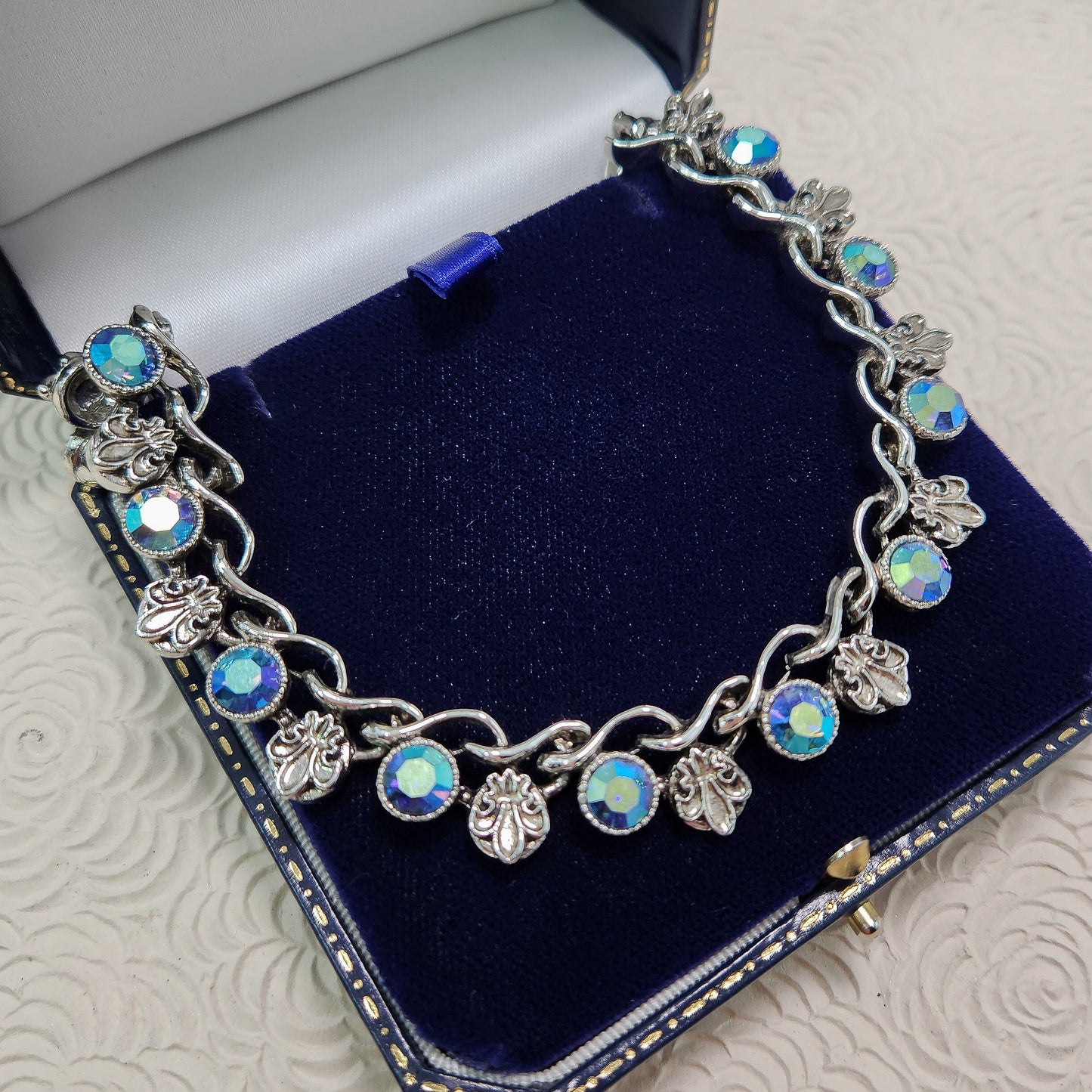 Vintage Rhinestone Choker Necklace - 1960s Aurora Borealis Blue and Silver Plate Choker - Fleur de Leis 17.5" Necklace