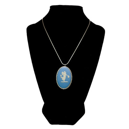 Vintage 1970s WEDGWOOD Jasperware Sterling Silver Blue Ceramic Choker Necklace and Brooch
