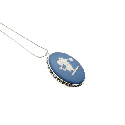 Vintage 1970s WEDGWOOD Jasperware Sterling Silver Blue Ceramic Choker Necklace and Brooch