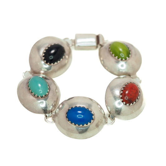 Vintage 1980s TAXCO Sterling Silver and Colorful Gemstone  Link 7" Bracelet - 80s Taxco Mexico Silver Gem Chunky Bracelet