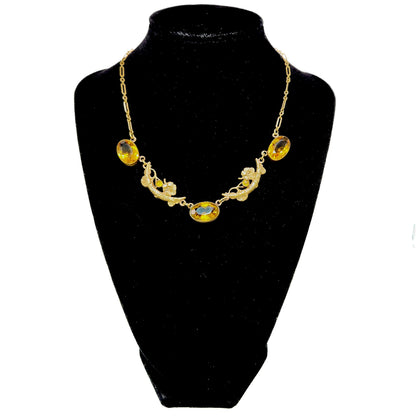 Vintage 1930s Art Deco Brass and Orange Glass Moon and Flower 16" Necklace