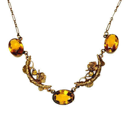 Vintage 1930s Art Deco Brass and Orange Glass Moon and Flower 16" Necklace