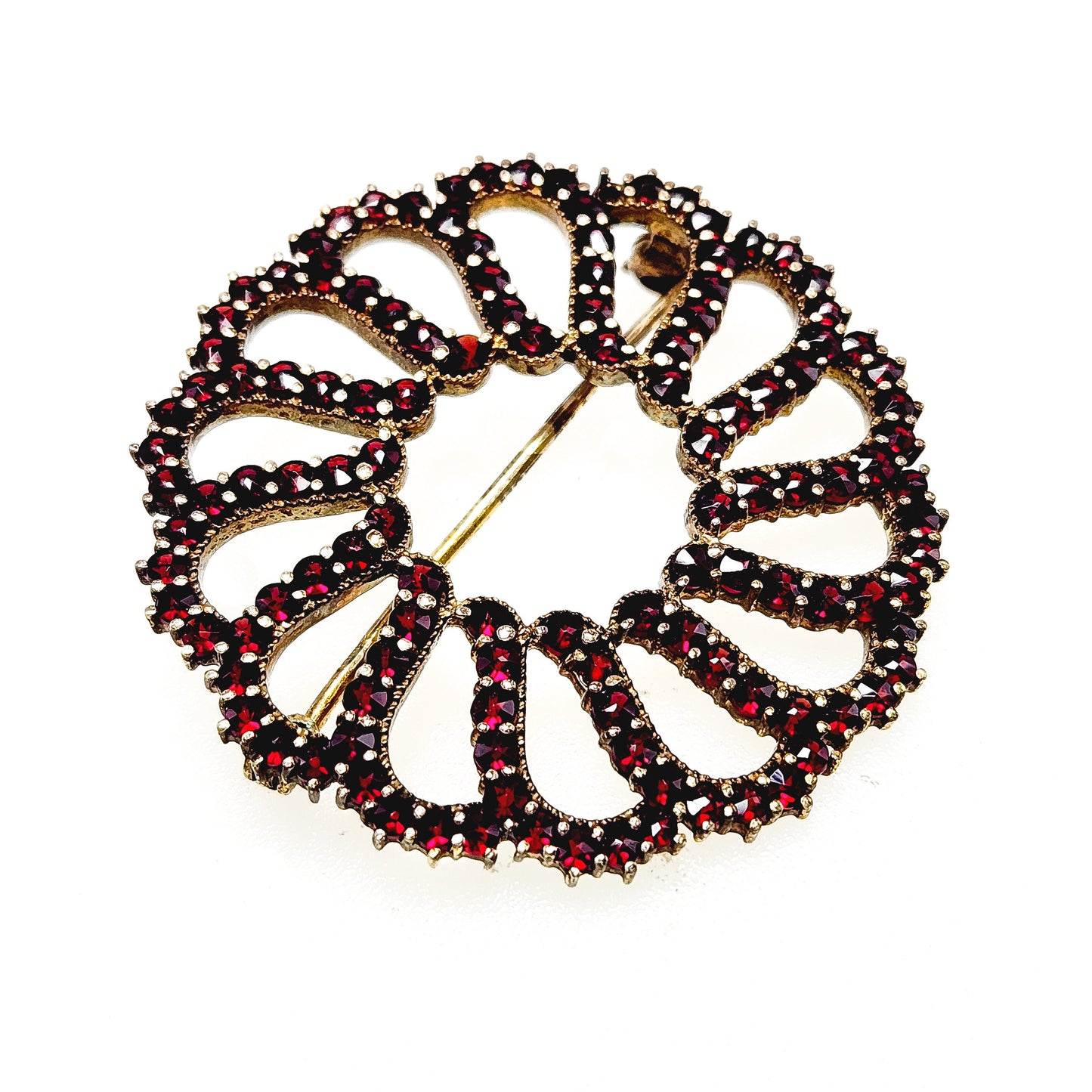 Vintage 1960s GRANAT TURNOV Bohemian Garnet and Vermeil Circle Pin - 60s Rose Cut Red Garnet Circle Brooch - Czech Garnet Brooch As-Is