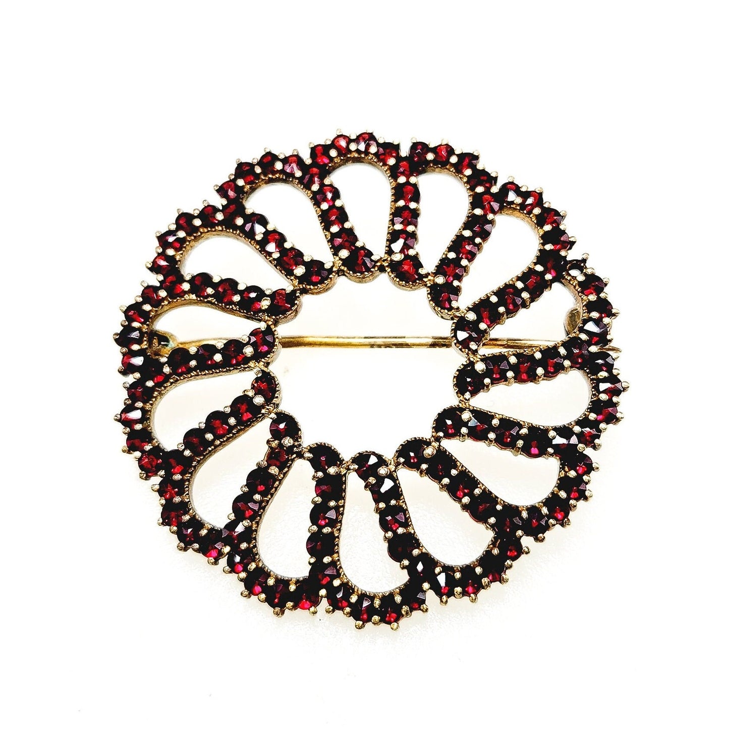 Vintage 1960s GRANAT TURNOV Bohemian Garnet and Vermeil Circle Pin - 60s Rose Cut Red Garnet Circle Brooch - Czech Garnet Brooch As-Is