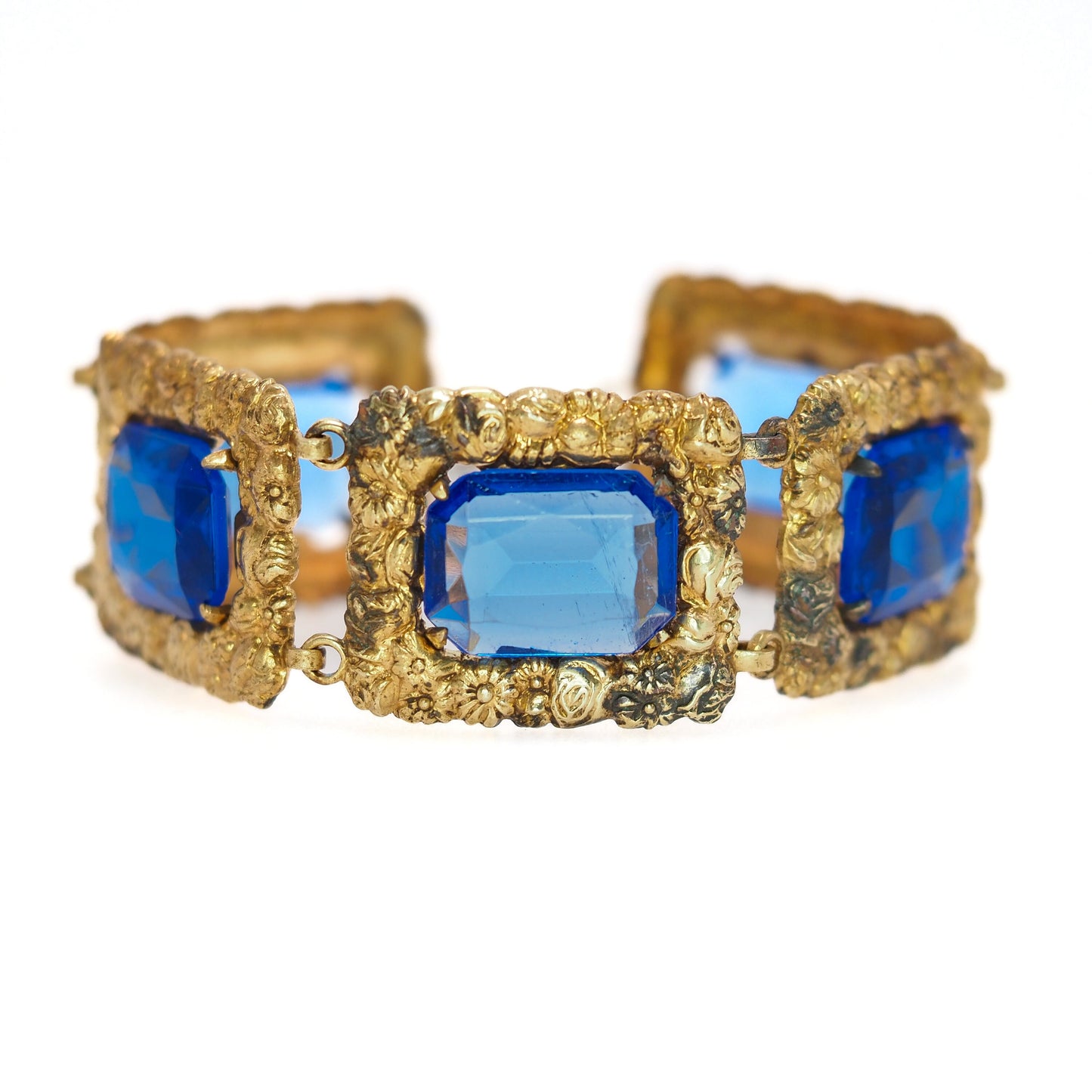 Vintage 1930s Victorian Revival Blue Glass and Gold Plate Floral 6" Bracelet - 30s Large Blue Glass and Yellow Gold Plate Flower Bracelet