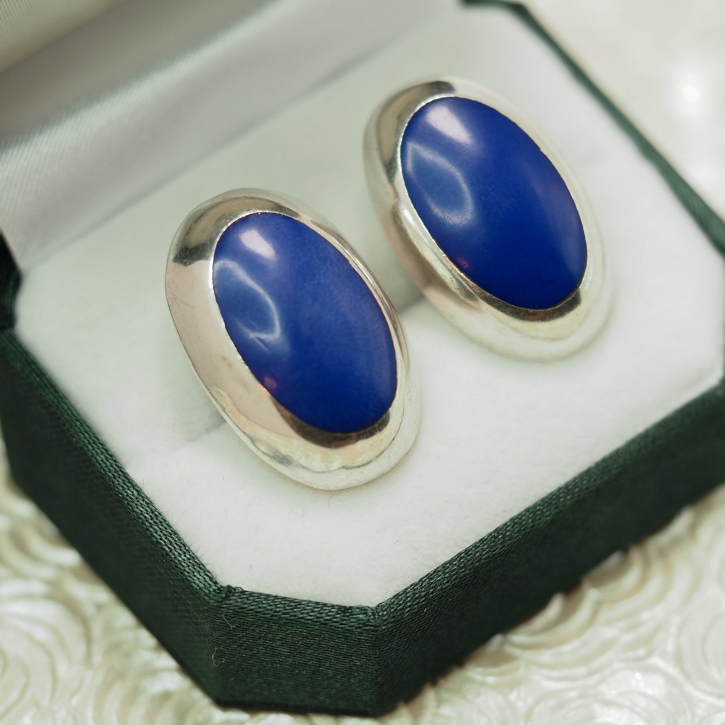 Vintage 90s TAXCO Silver and Dyed Blue Jasper Clip Earrings - 1990s Mexico Sterling Oval Statement Earrings - Southwest Non-Pierced Earrings