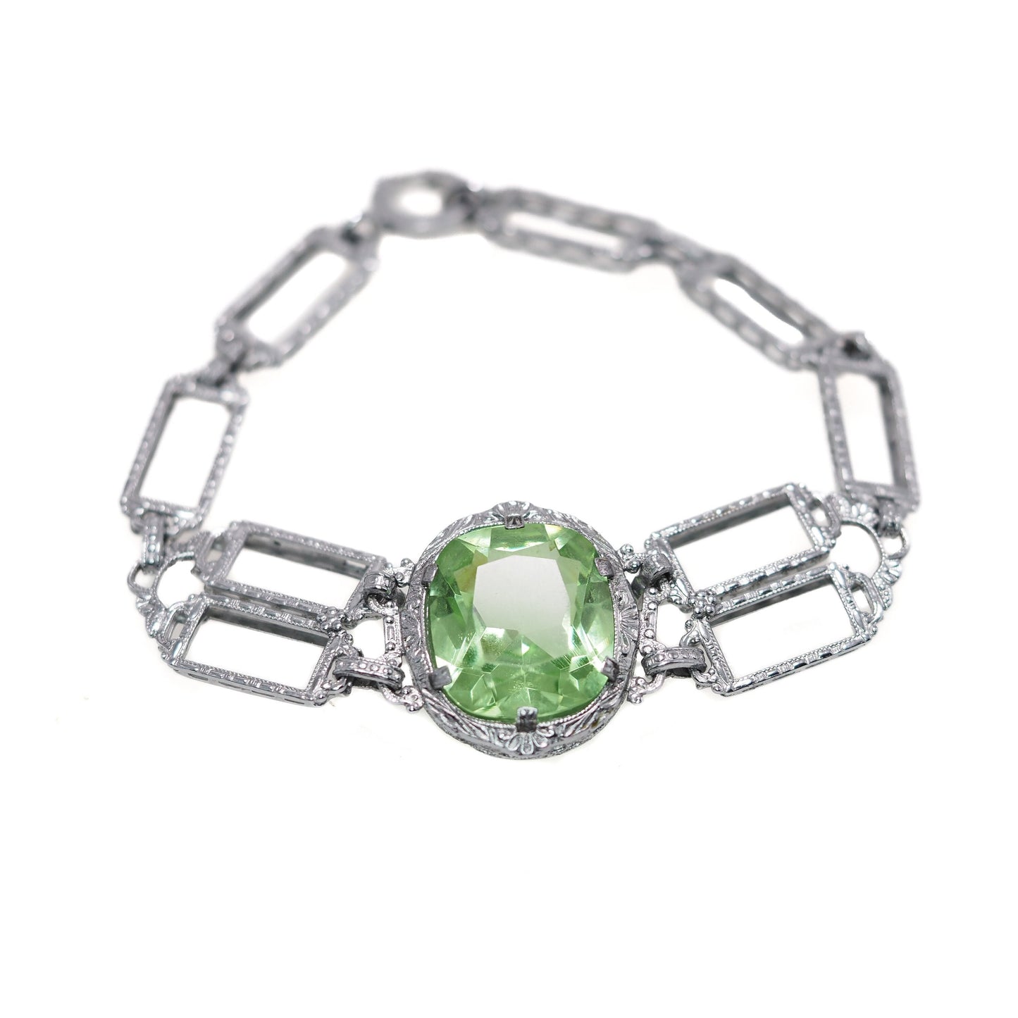 Antique 1920s JH PECKHAM Green Glass, Silver Bracelet - 30s Art Deco Glass, Sterling Silver Link 6" Bracelet - Deco Bracelet