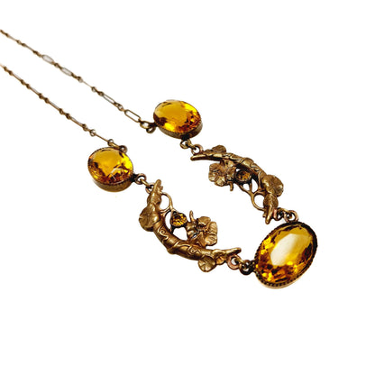 Vintage 1930s Art Deco Brass and Orange Glass Moon and Flower 16" Necklace