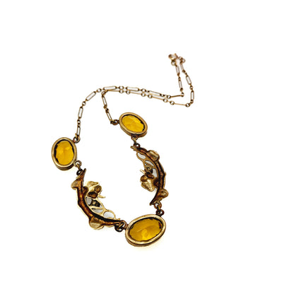 Vintage 1930s Art Deco Brass and Orange Glass Moon and Flower 16" Necklace