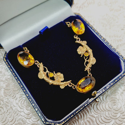 Vintage 1930s Art Deco Brass and Orange Glass Moon and Flower 16" Necklace