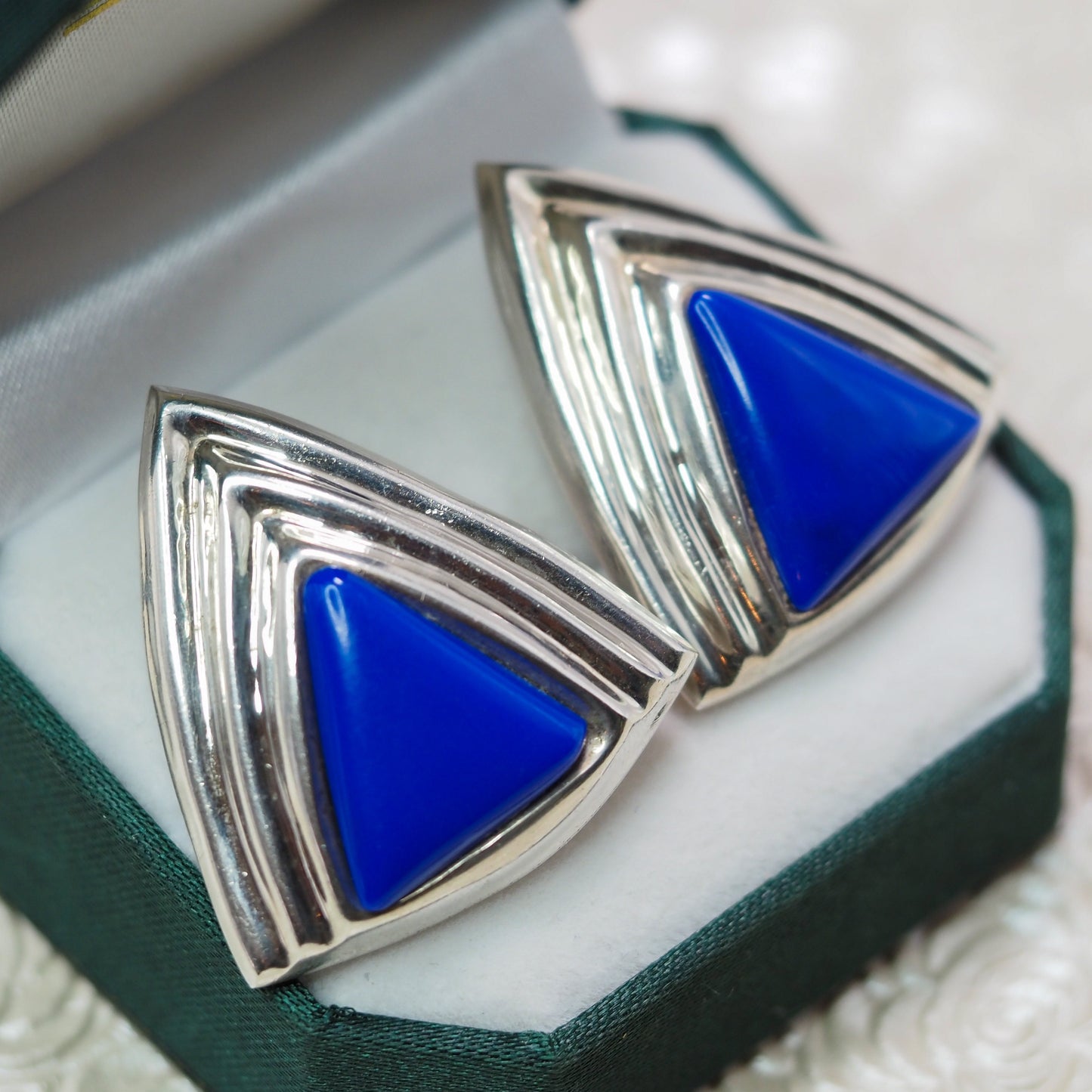 Vintage 1980s TAXCO Sterling Silver and Dyed Blue Jasper Statement Clip On Earrings - 80s Large Blue and Silver Clip Non Pierced Earrings