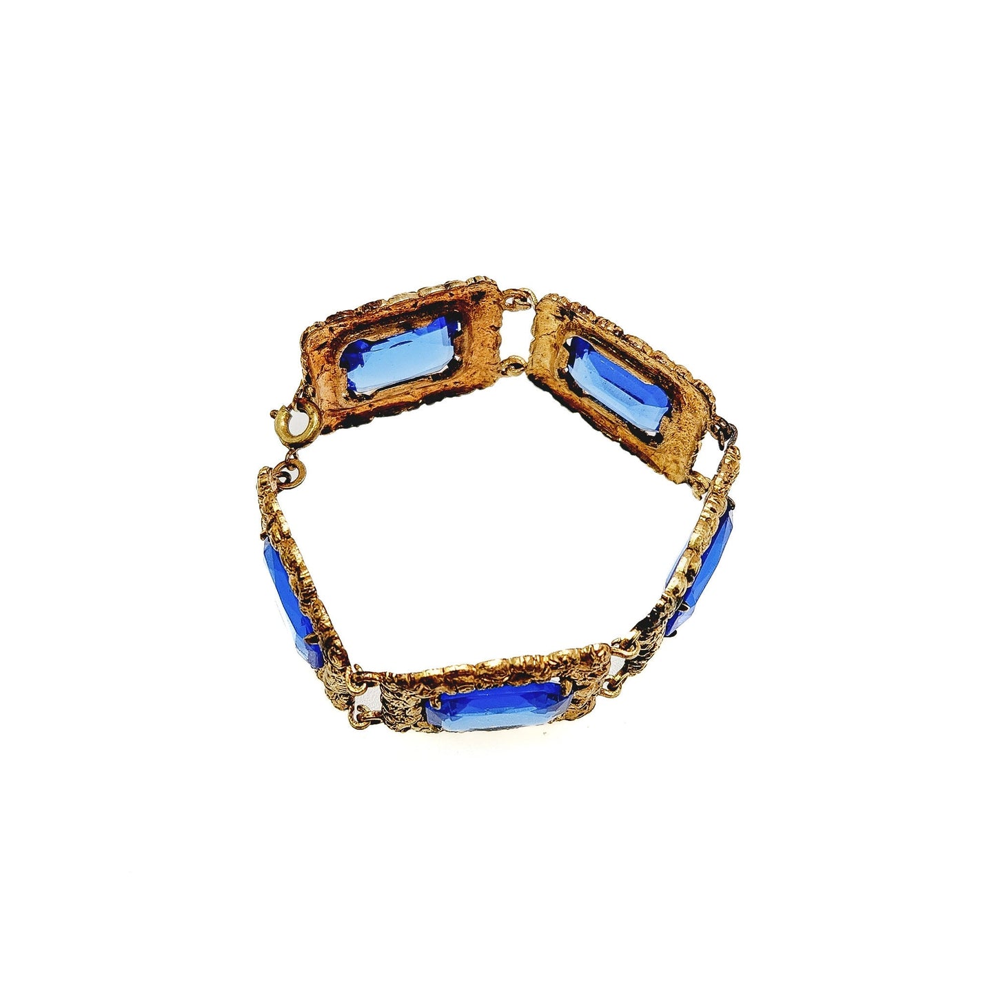 Vintage 1930s Victorian Revival Blue Glass and Gold Plate Floral 6" Bracelet - 30s Large Blue Glass and Yellow Gold Plate Flower Bracelet