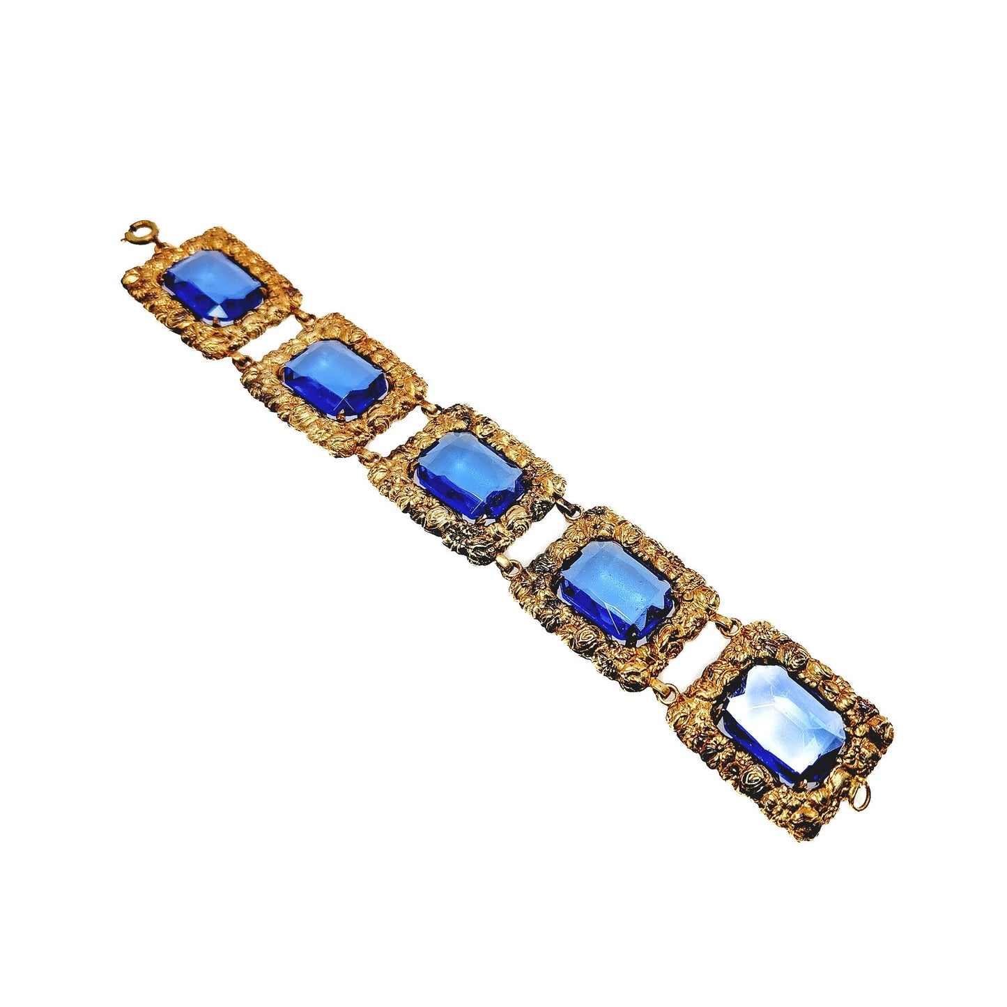 Vintage 1930s Victorian Revival Blue Glass and Gold Plate Floral 6" Bracelet - 30s Large Blue Glass and Yellow Gold Plate Flower Bracelet