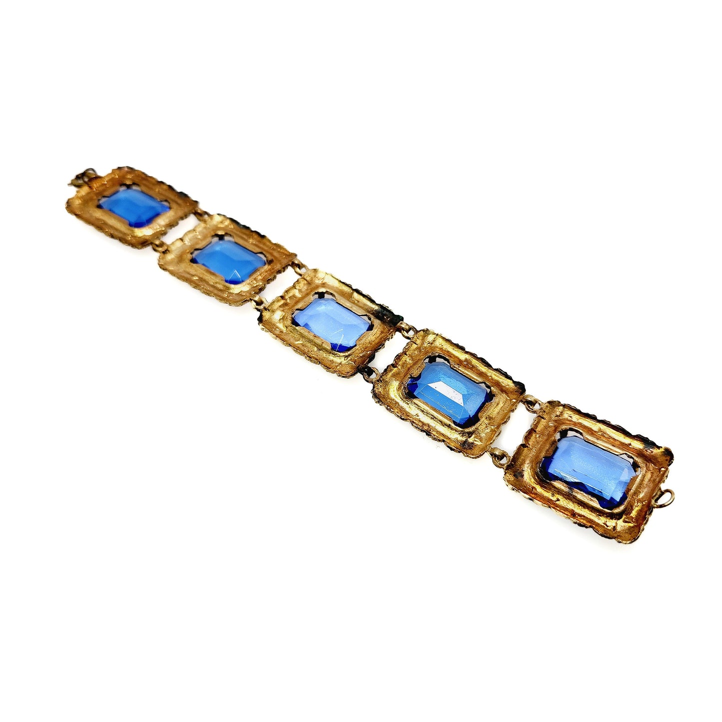 Vintage 1930s Victorian Revival Blue Glass and Gold Plate Floral 6" Bracelet - 30s Large Blue Glass and Yellow Gold Plate Flower Bracelet