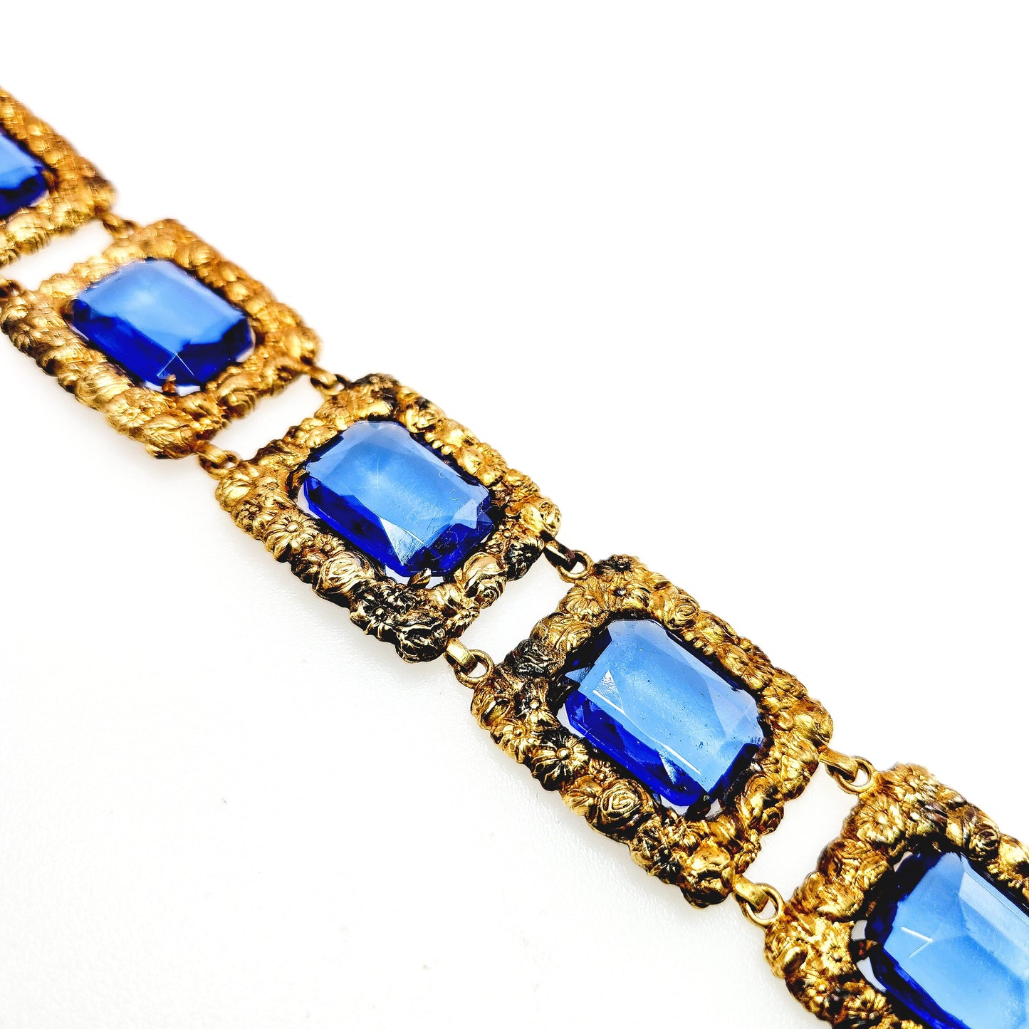 Vintage 1930s Victorian Revival Blue Glass and Gold Plate Floral 6" Bracelet - 30s Large Blue Glass and Yellow Gold Plate Flower Bracelet