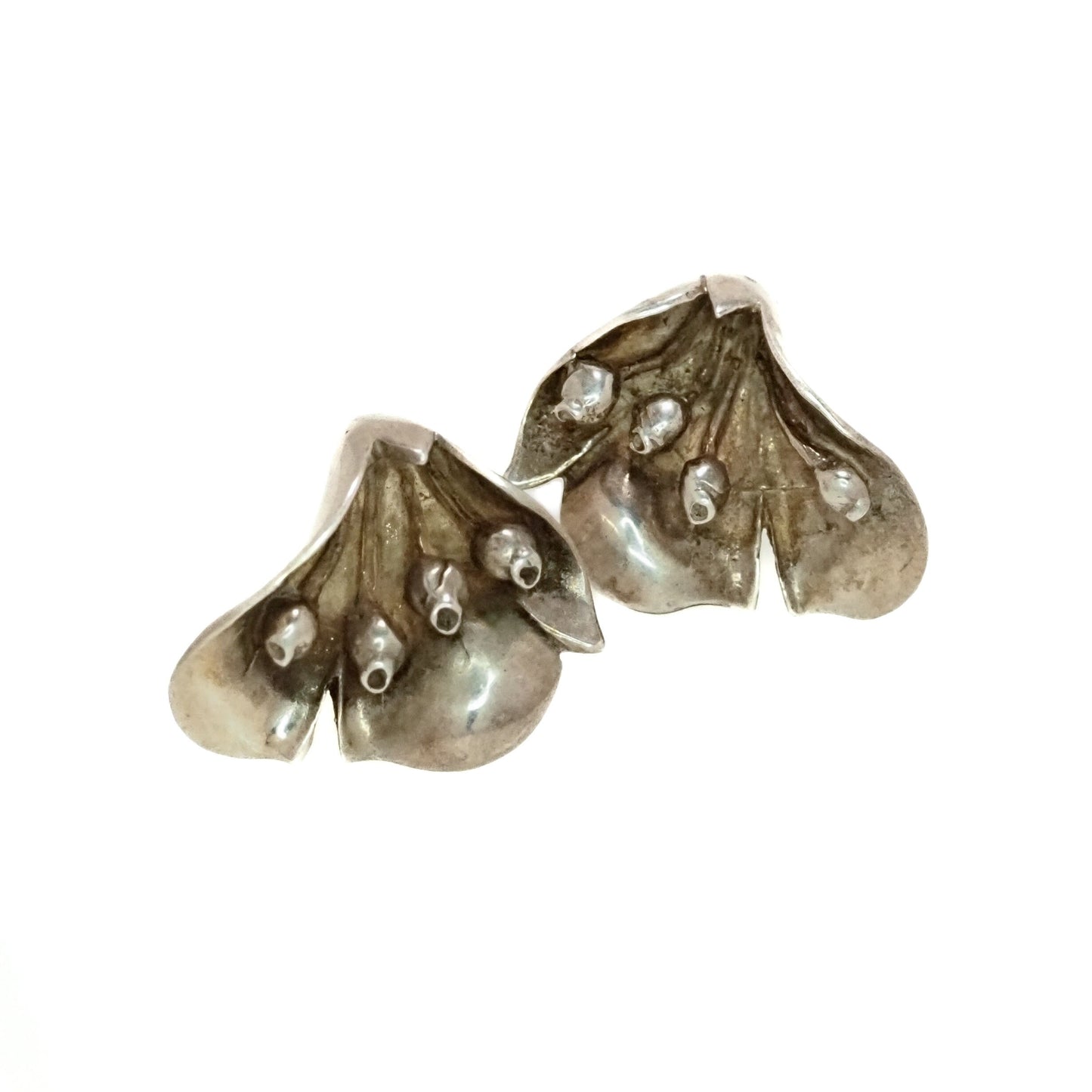 Antique 1900s Sterling Silver Art Nouveau Flower Stud Pierced Earrings - Antique Silver Floral Earrings