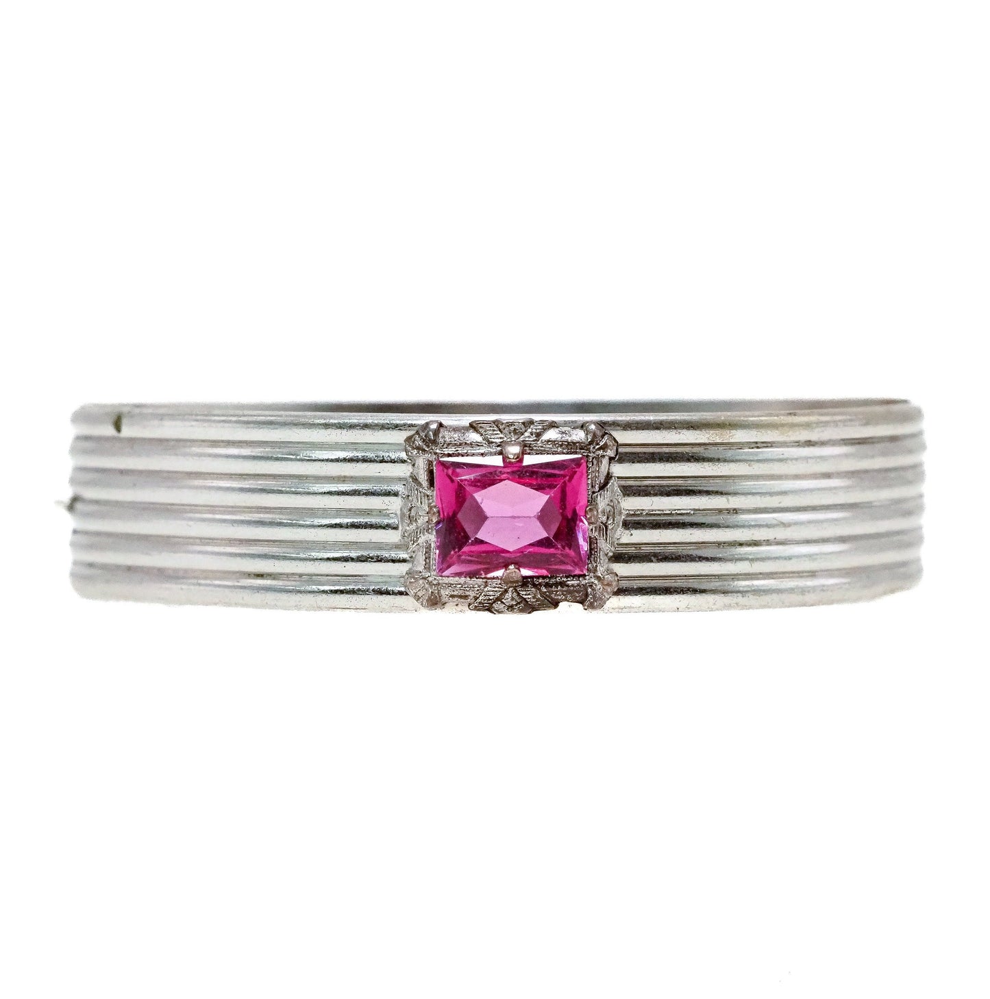 Vintage 1920s Art Deco Pink Glass and Silver Plate Bangle 7" Bracelet - Deco Pink Silver Bangle - Antique Silver Bracelet