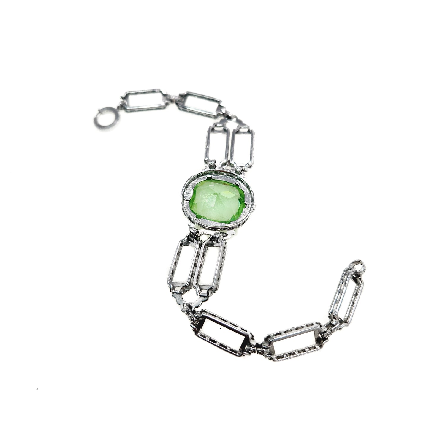 Antique 1920s JH PECKHAM Green Glass, Silver Bracelet - 30s Art Deco Glass, Sterling Silver Link 6" Bracelet - Deco Bracelet