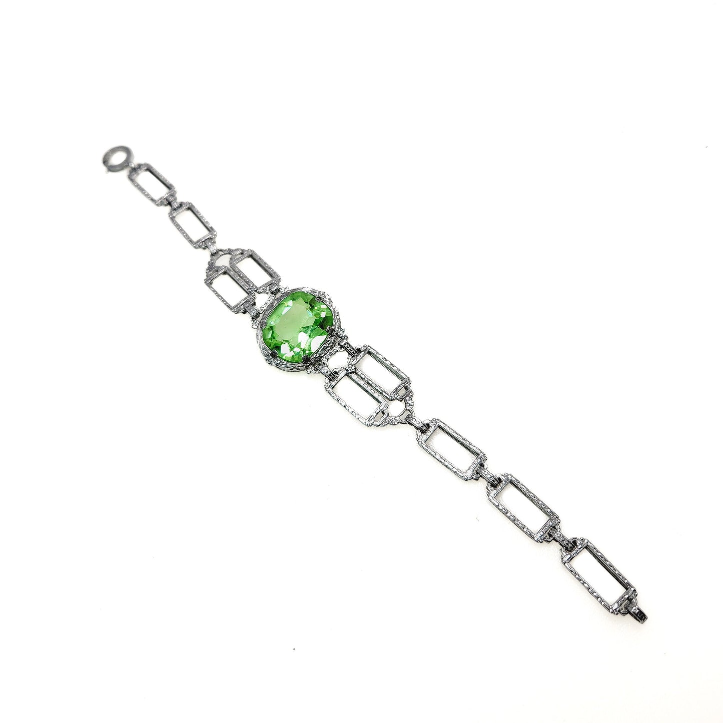 Antique 1920s JH PECKHAM Green Glass, Silver Bracelet - 30s Art Deco Glass, Sterling Silver Link 6" Bracelet - Deco Bracelet