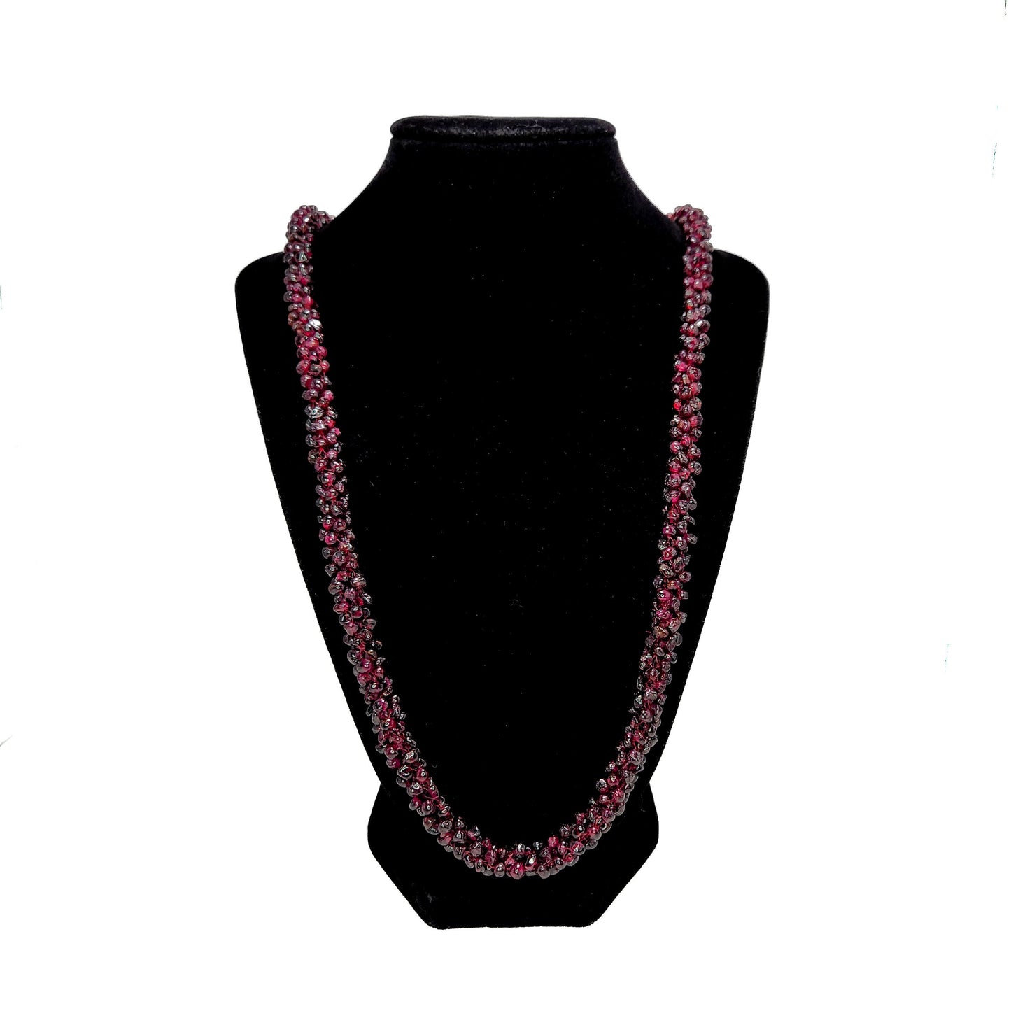 Vintage 1980s Long Single Strand Almandine Garnet Rondelle Bead Torsade 26" Necklace - Red Gemstone Beaded Necklace - Boho Gemstone Necklace