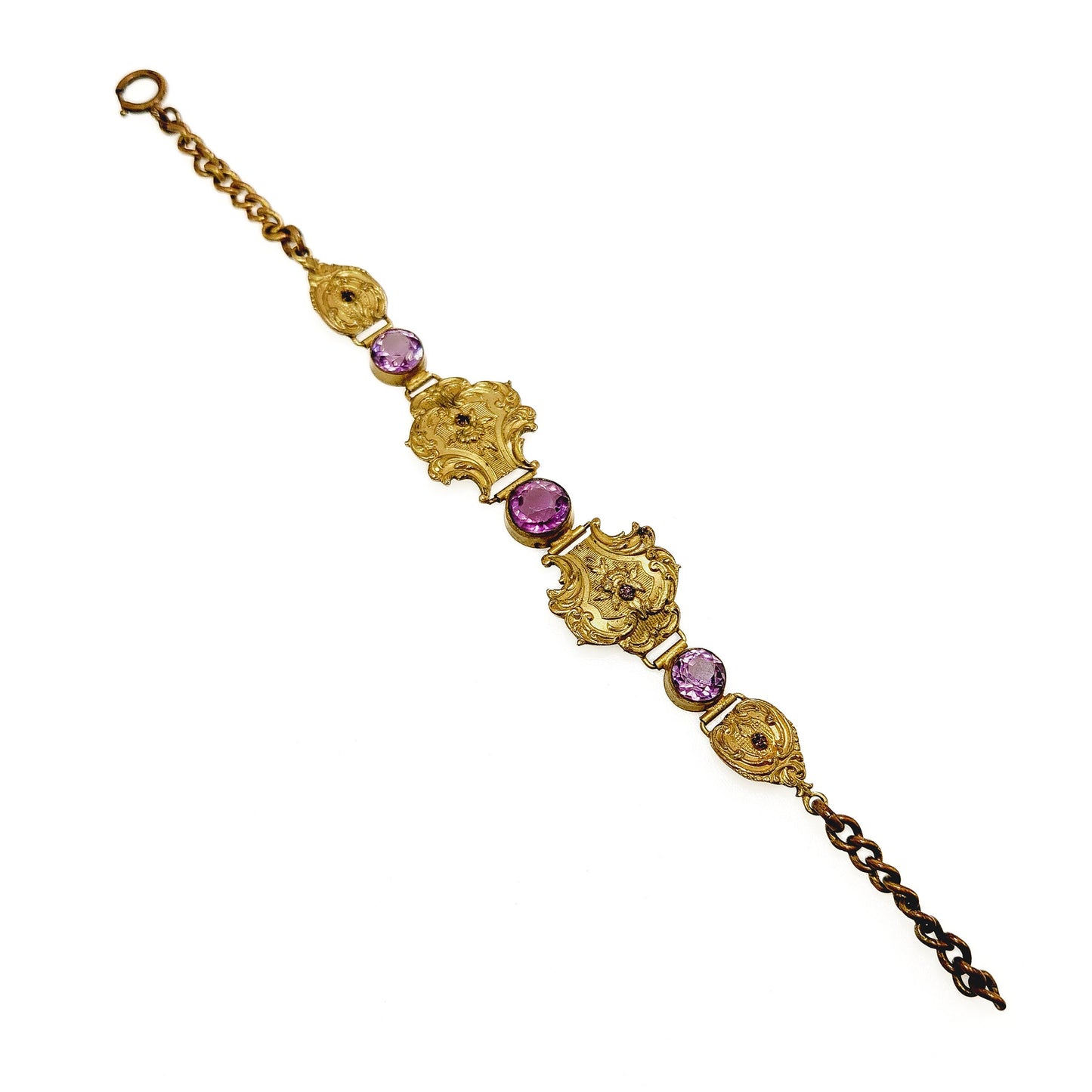 Antique 1900s Late Victorian Purple Glass and Gold-Filled 7.75" Bracelet - Victorian Purple, Yellow Gold Fill Bracelet