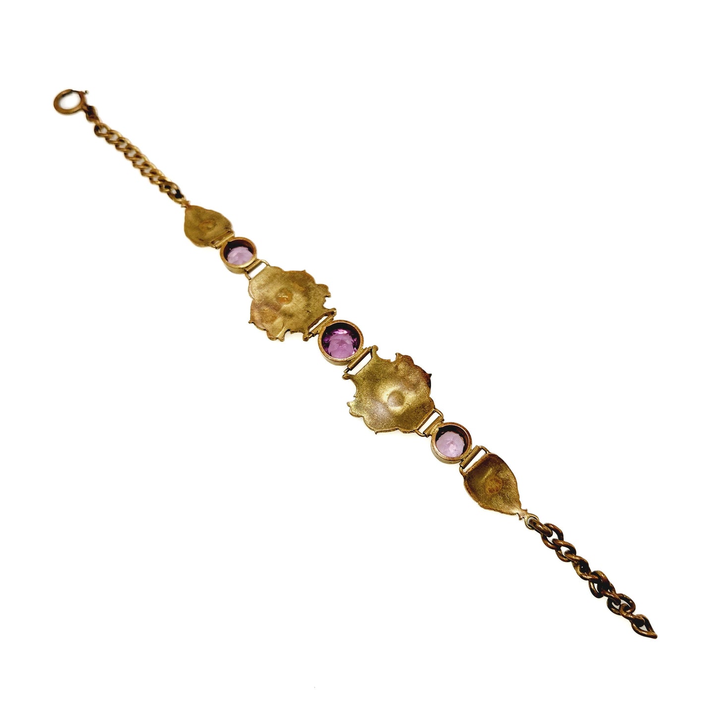 Antique 1900s Late Victorian Purple Glass and Gold-Filled 7.75" Bracelet - Victorian Purple, Yellow Gold Fill Bracelet