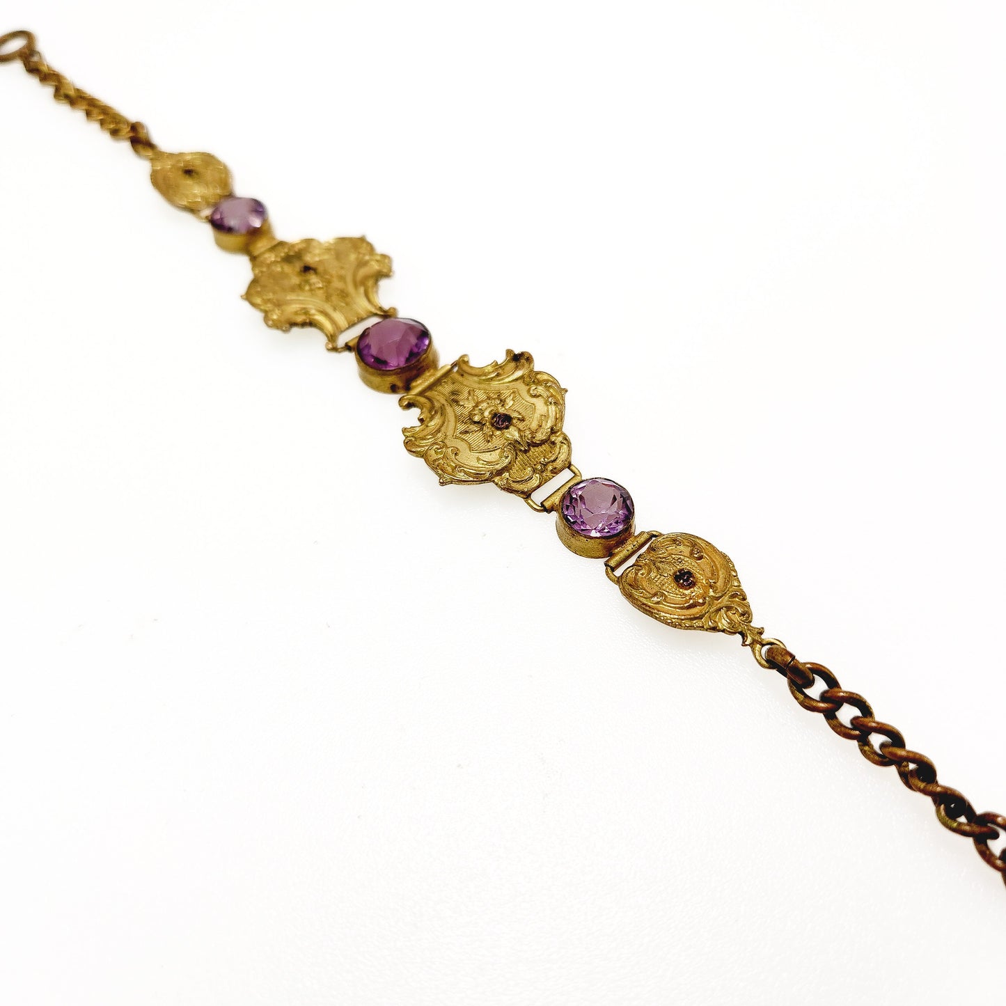 Antique 1900s Late Victorian Purple Glass and Gold-Filled 7.75" Bracelet - Victorian Purple, Yellow Gold Fill Bracelet