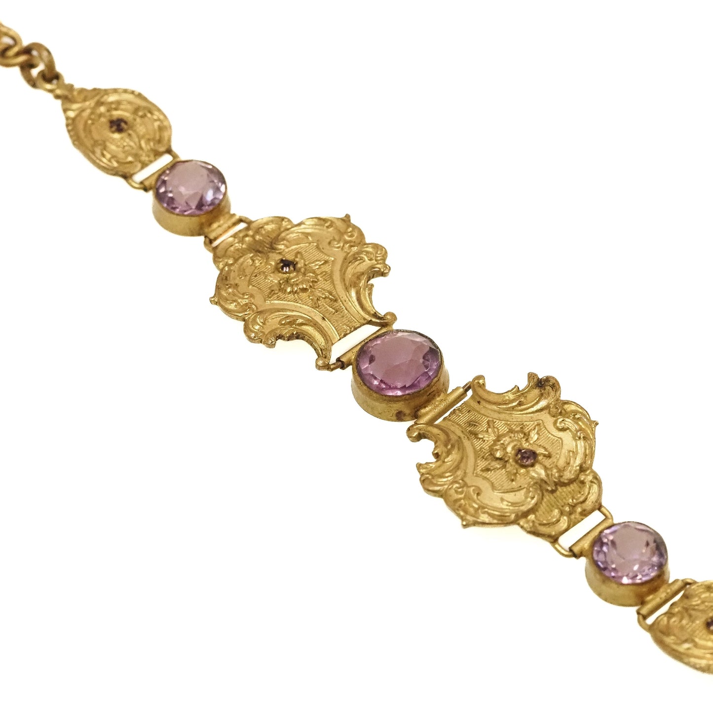 Antique 1900s Late Victorian Purple Glass and Gold-Filled 7.75" Bracelet - Victorian Purple, Yellow Gold Fill Bracelet