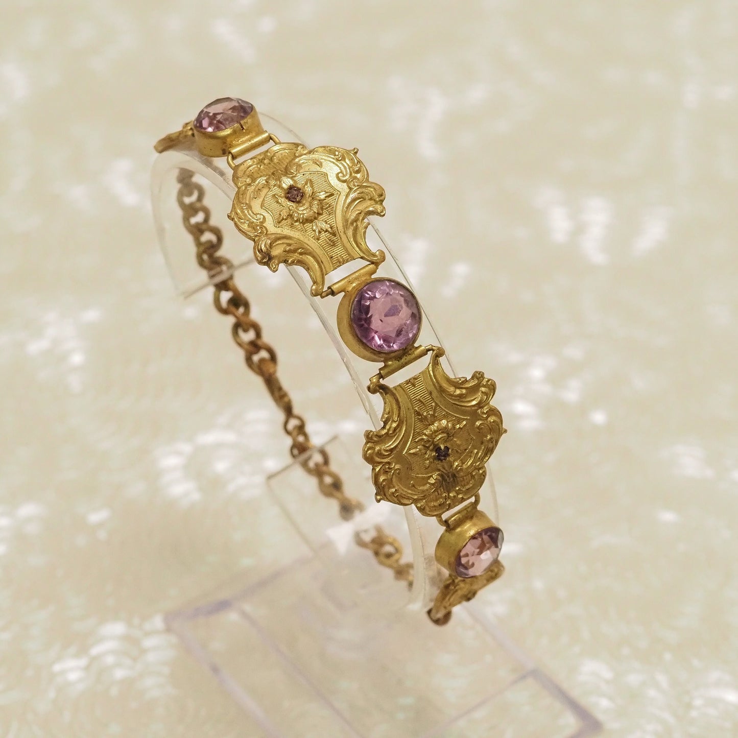 Antique 1900s Late Victorian Purple Glass and Gold-Filled 7.75" Bracelet - Victorian Purple, Yellow Gold Fill Bracelet