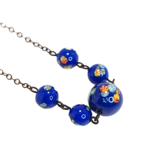 Antique 1910s Blue Venetian Bead and Brass Flower Choker 15" Necklace - Blue Venetian Floral Glass Choker Necklace